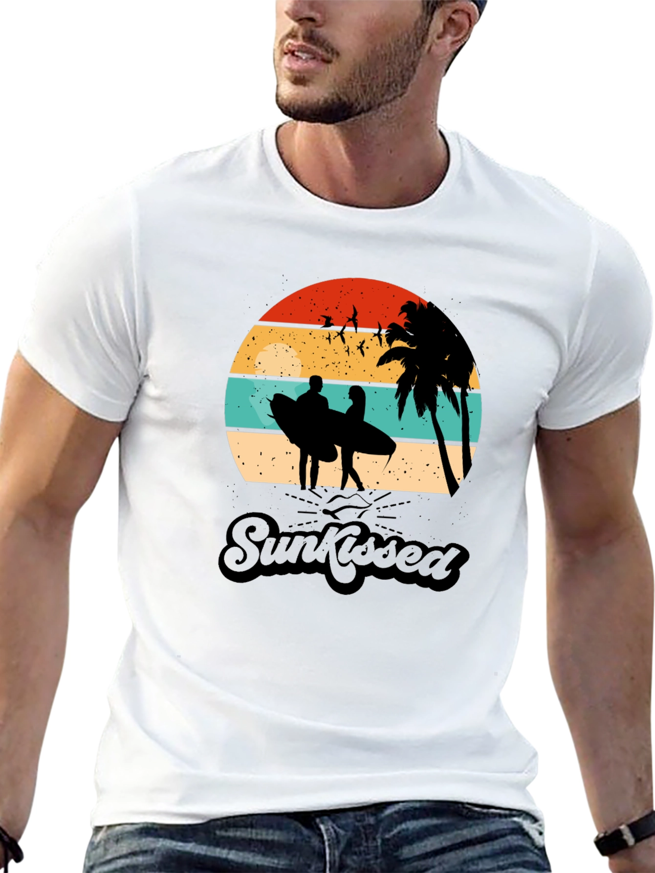 Sunkissed Graphic Tee: Beach Sunset Surfer Design