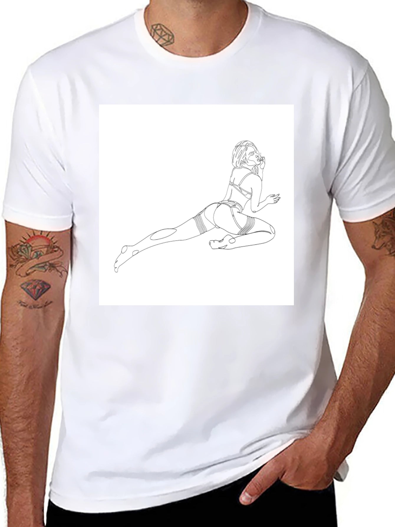 Line Art Graphic Tee - Black Cotton Casual T-Shirt