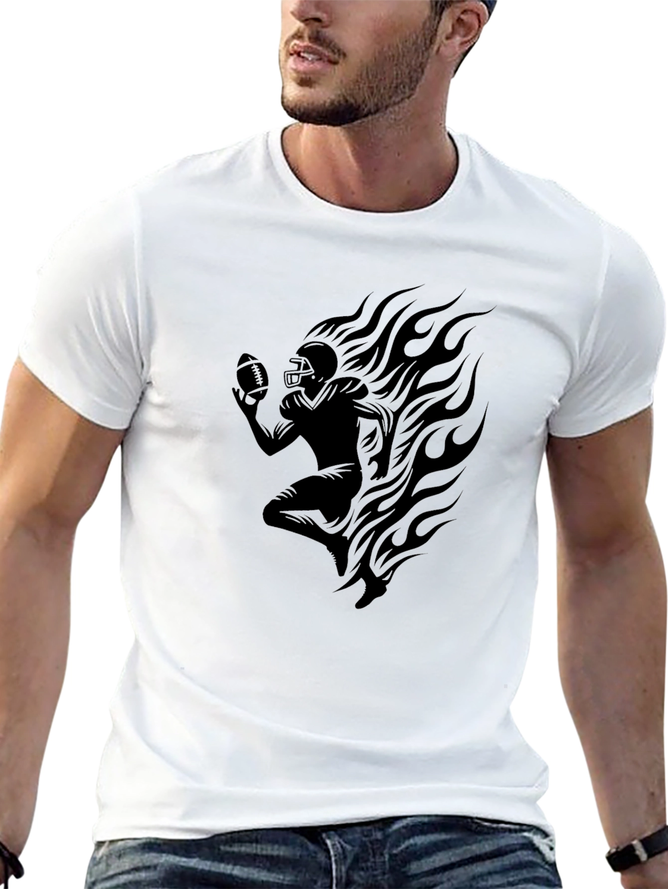 Flaming Football Player Graphic T-Shirt