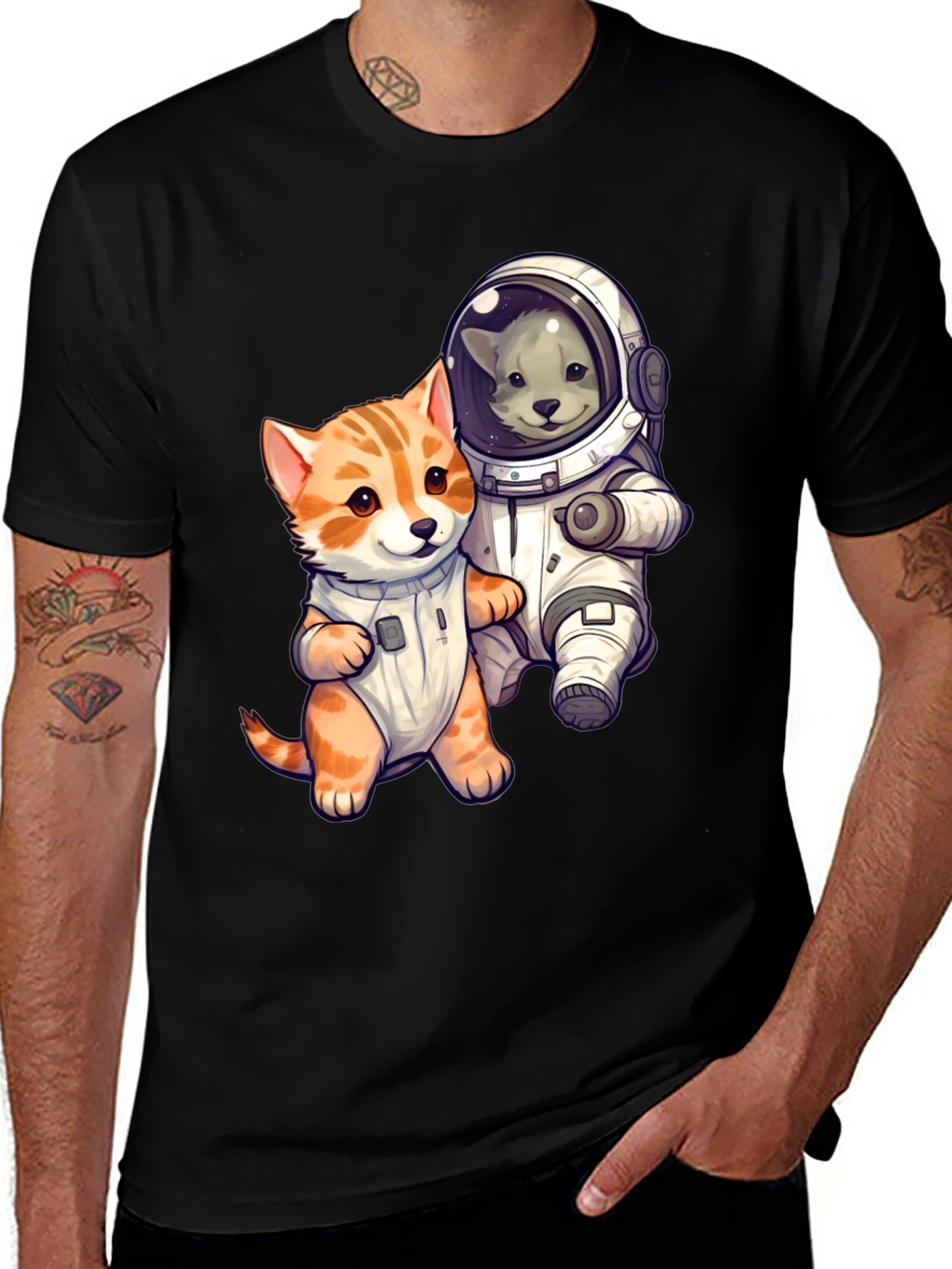 Cute Cats in Space Black T-Shirt