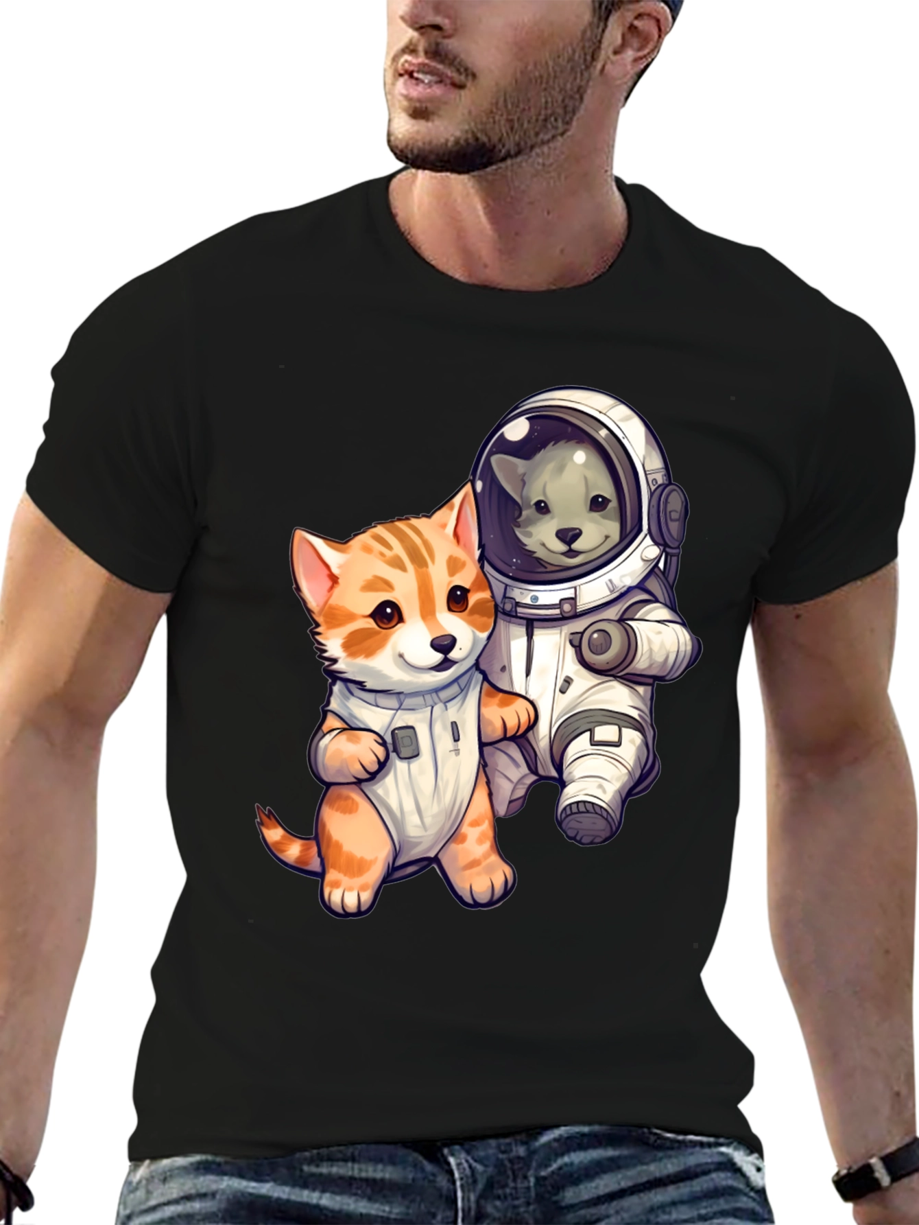 Cute Cats in Space Black T-Shirt