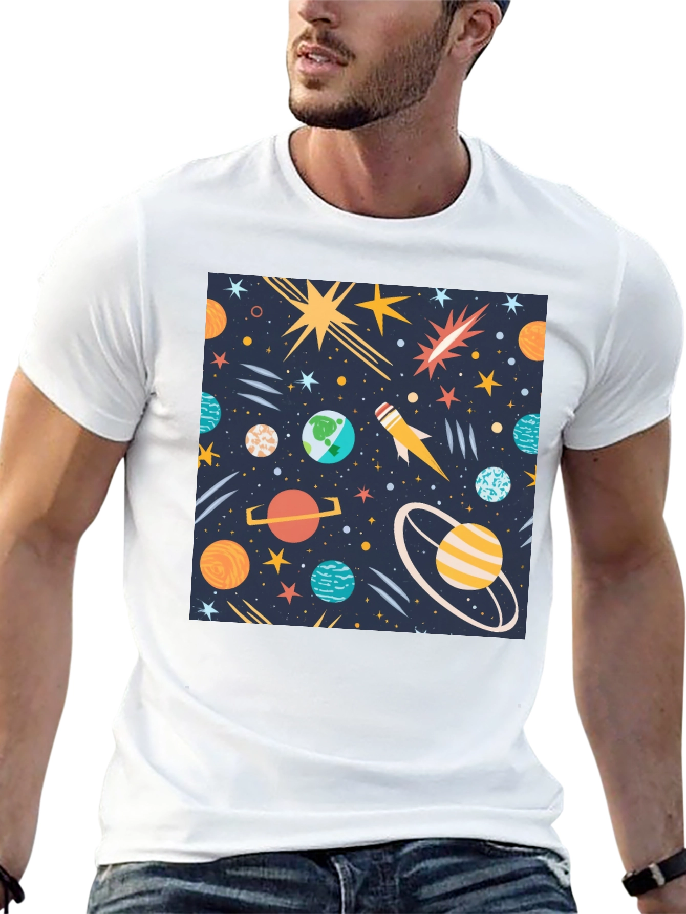 Space Print T-Shirt - Planets Stars Rocket