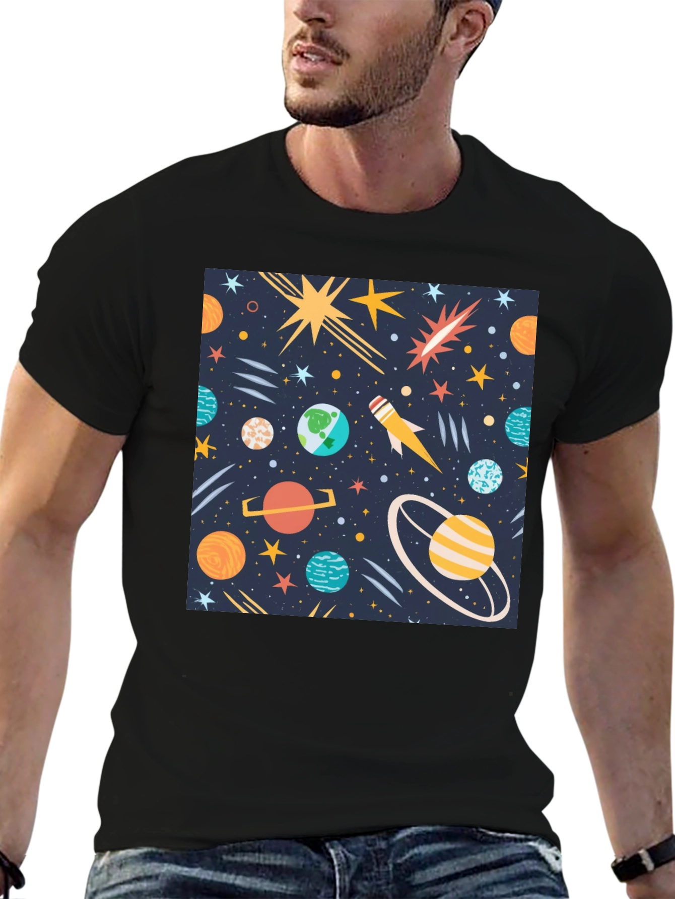 Space Print T-Shirt - Planets Stars Rocket