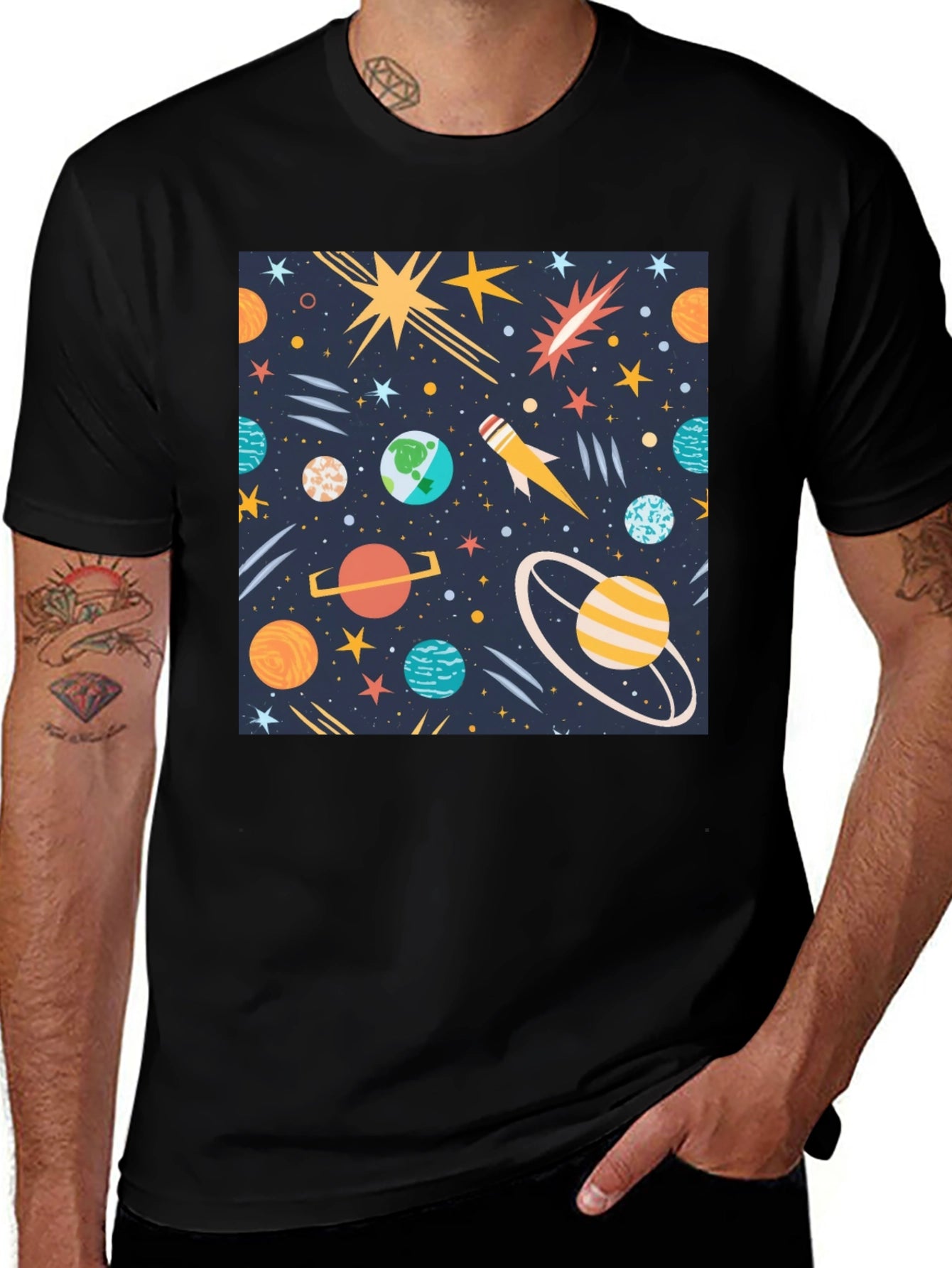 Space Print T-Shirt - Planets Stars Rocket