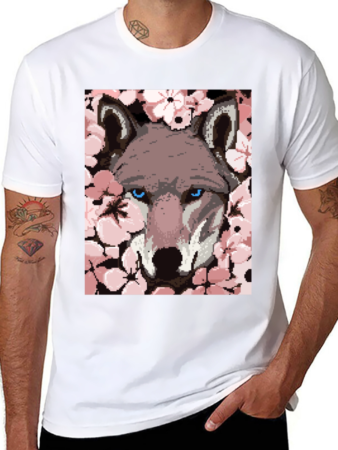 Wolf Pixel Art Black T-Shirt