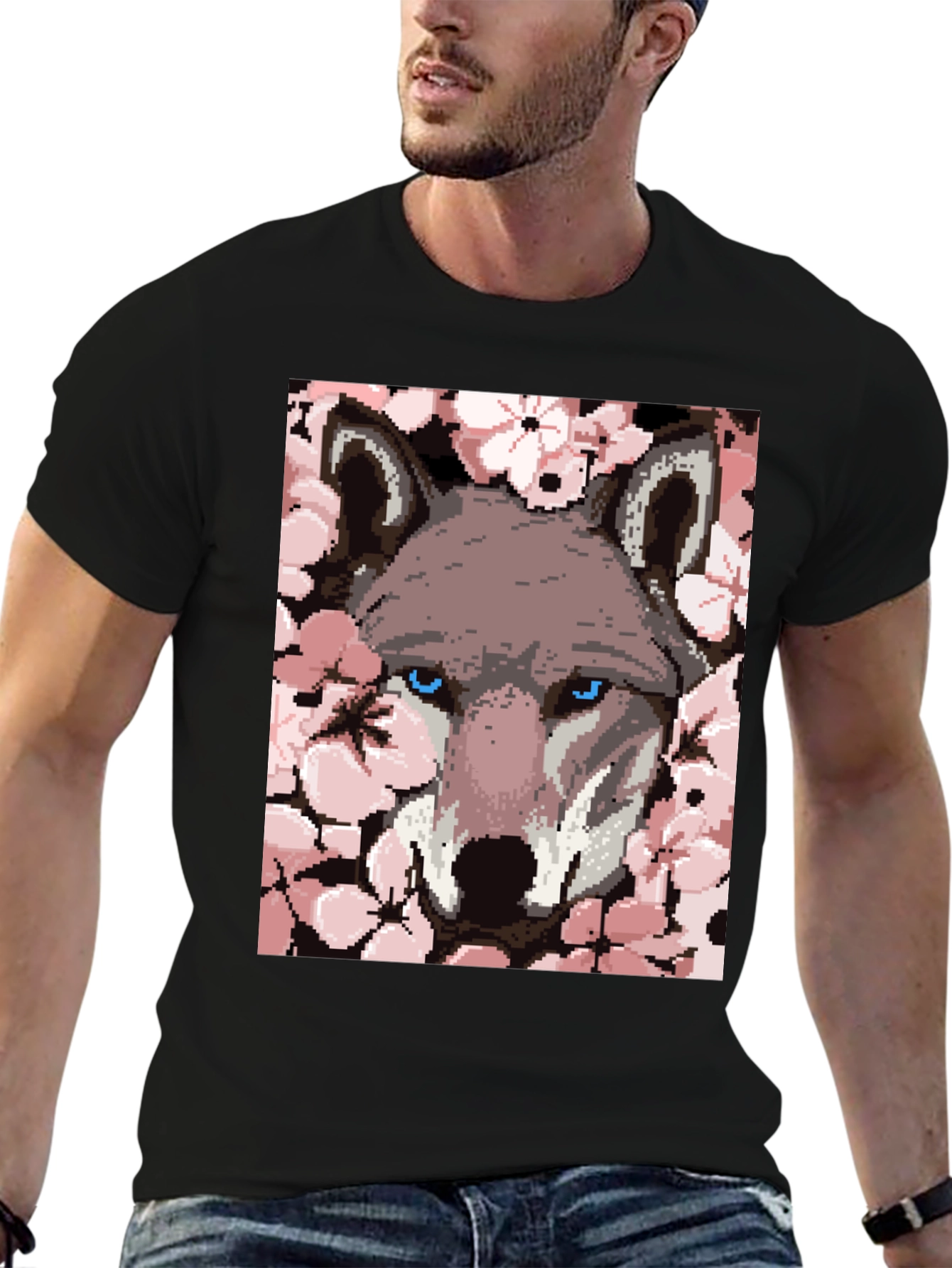 Wolf Pixel Art Black T-Shirt