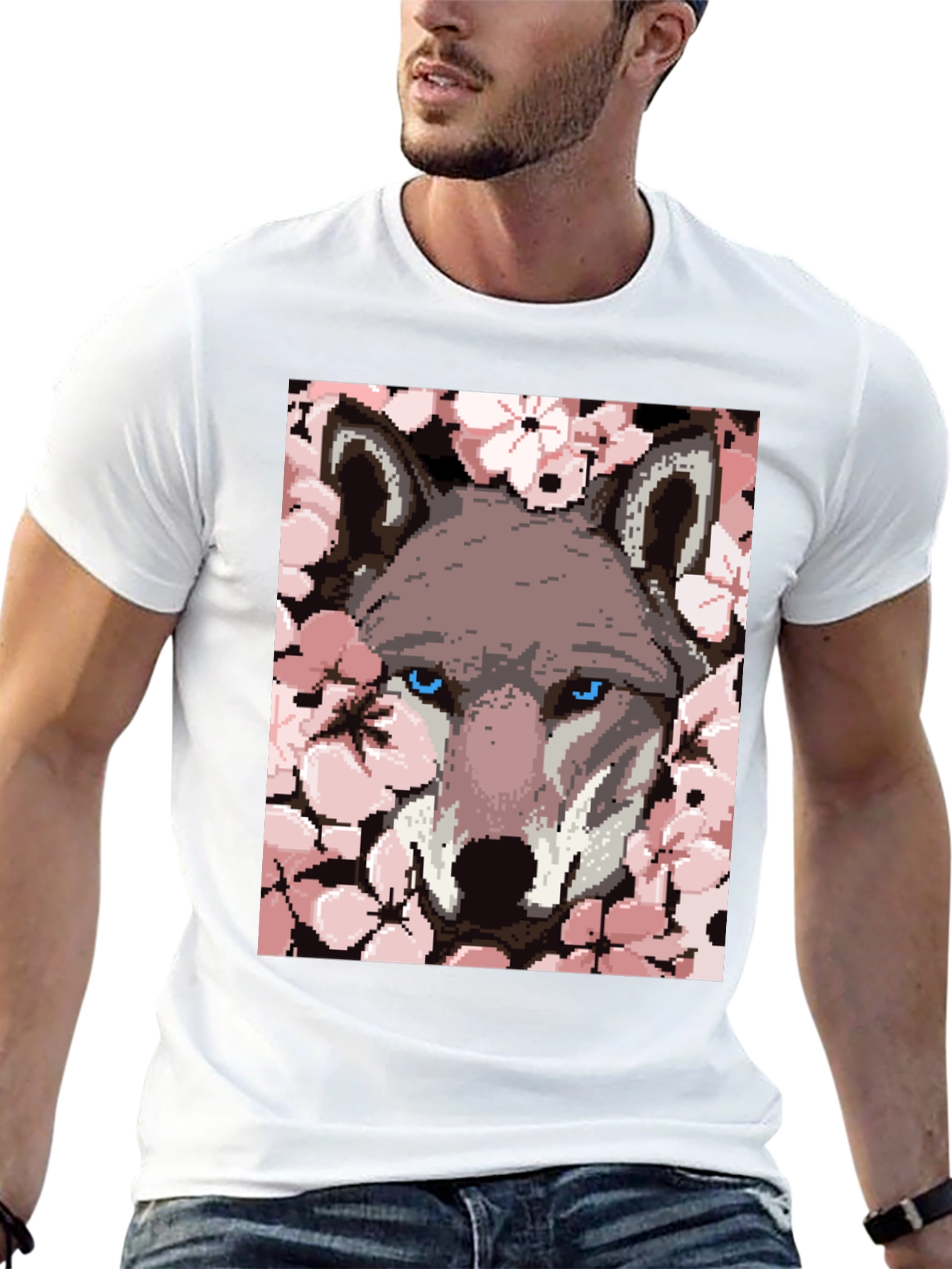 Wolf Pixel Art Black T-Shirt