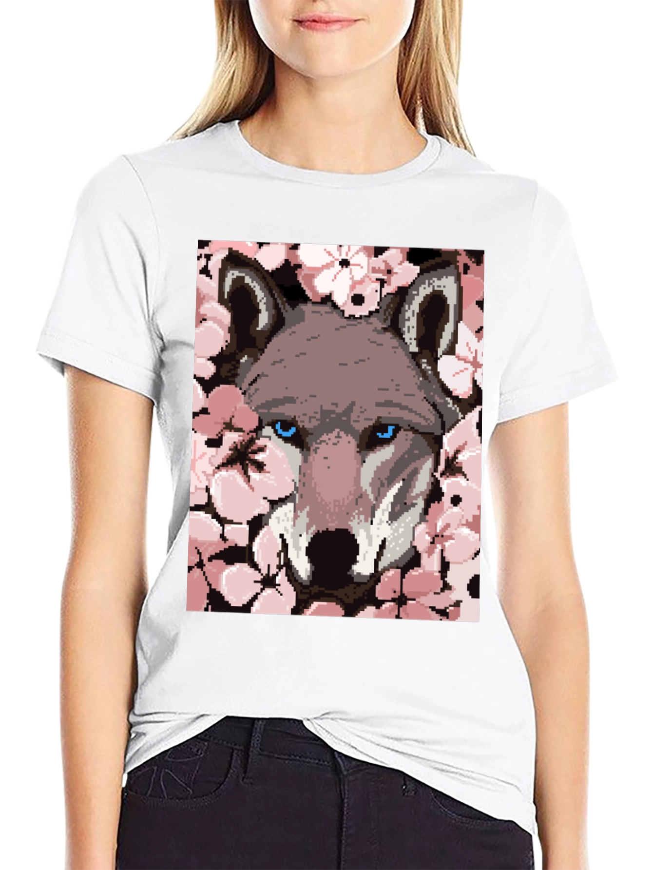 Wolf Pixel Art Black T-Shirt