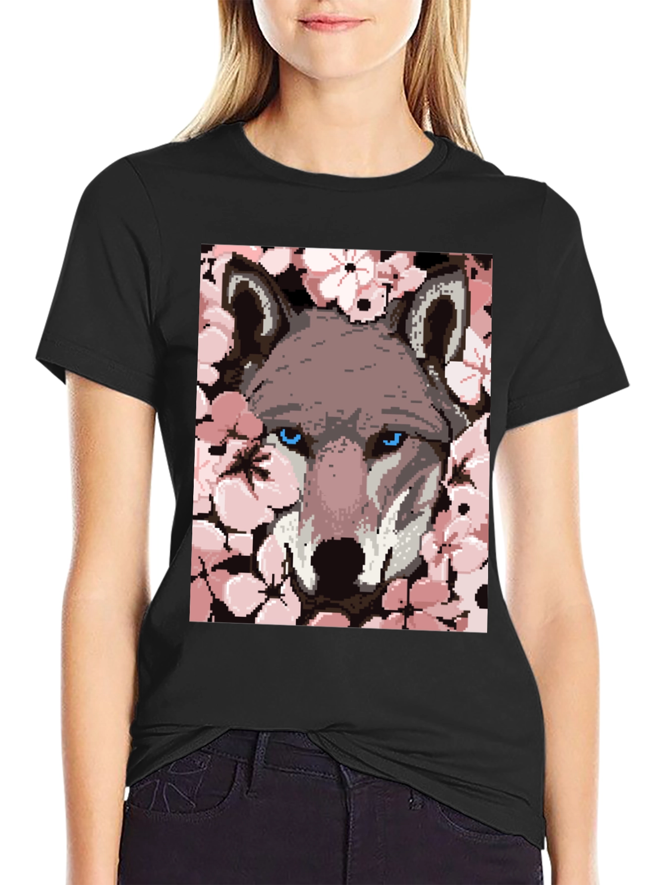 Wolf Pixel Art Black T-Shirt