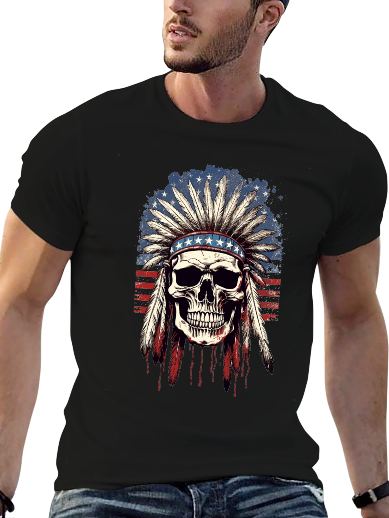 American Indian Skull Graphic T-Shirt