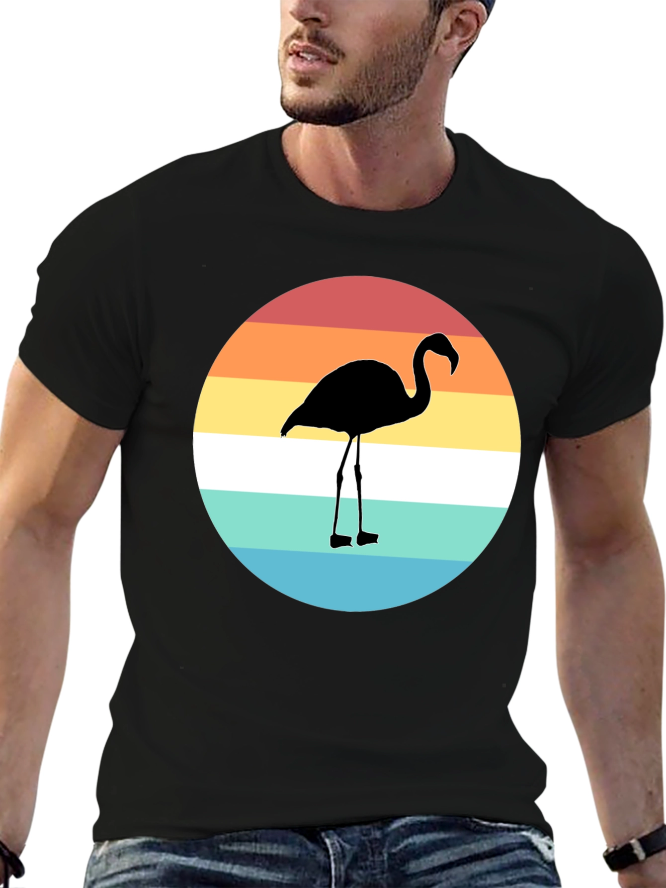 Retro Flamingo Graphic Tee - Stylish Mens Black T-Shirt