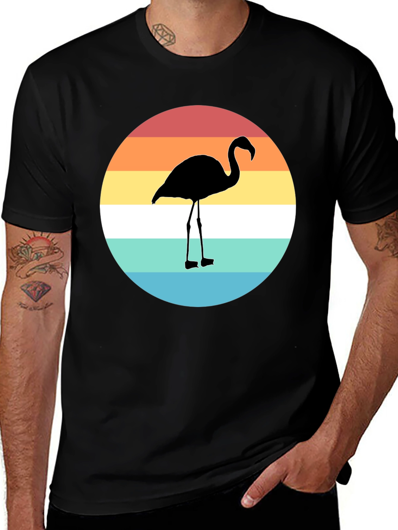 Retro Flamingo Graphic Tee - Stylish Mens Black T-Shirt
