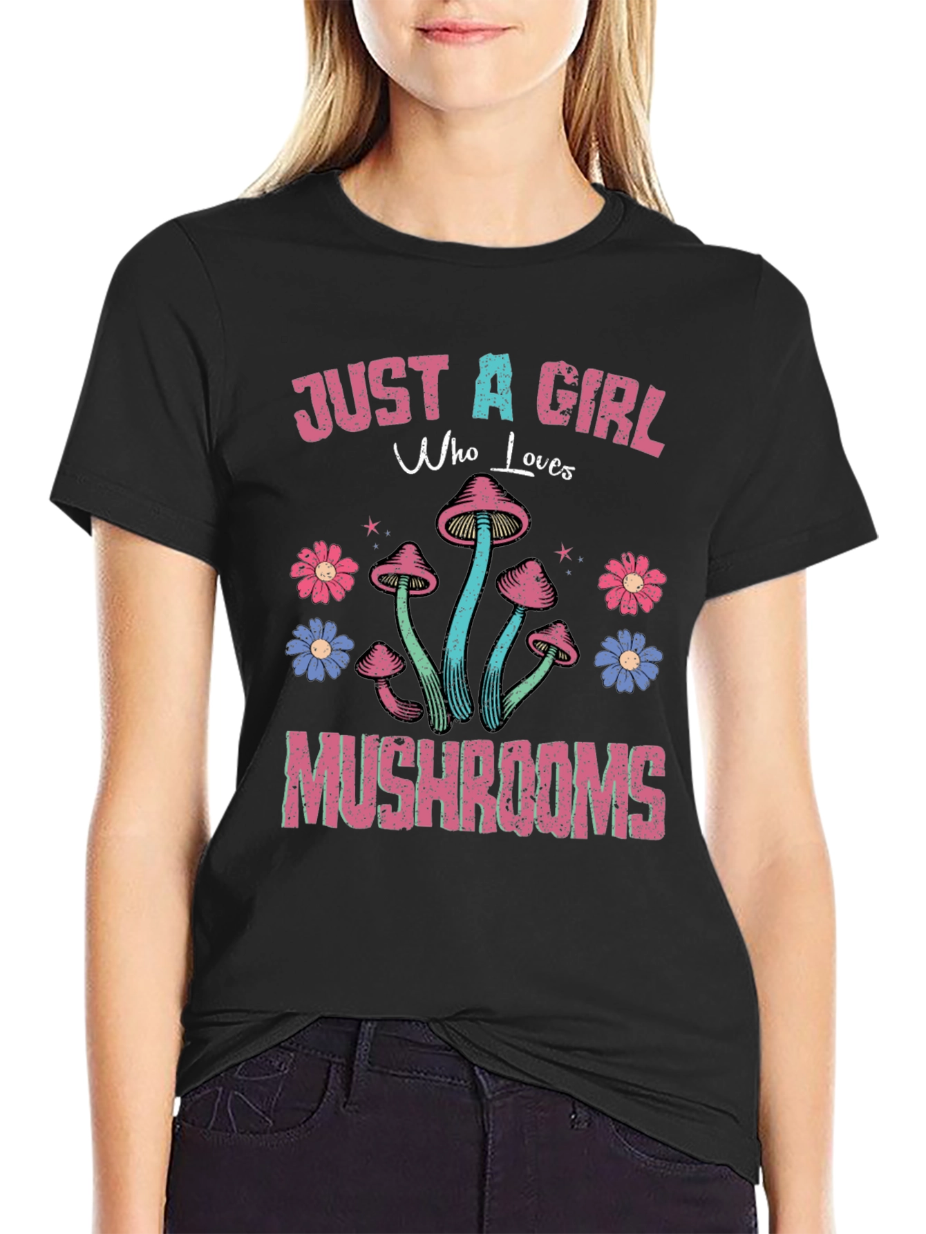 Just a Girl Who Loves Mushrooms Black T-Shirt