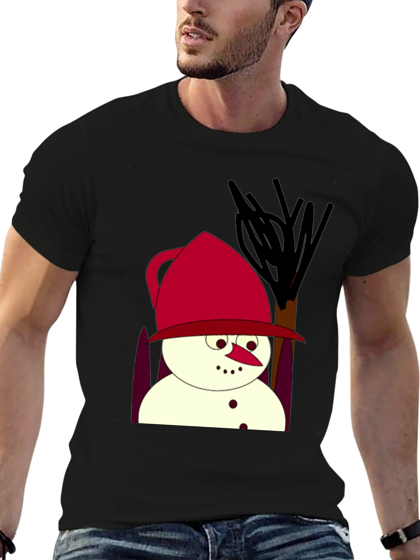 Cartoon Snowman Black T-Shirt