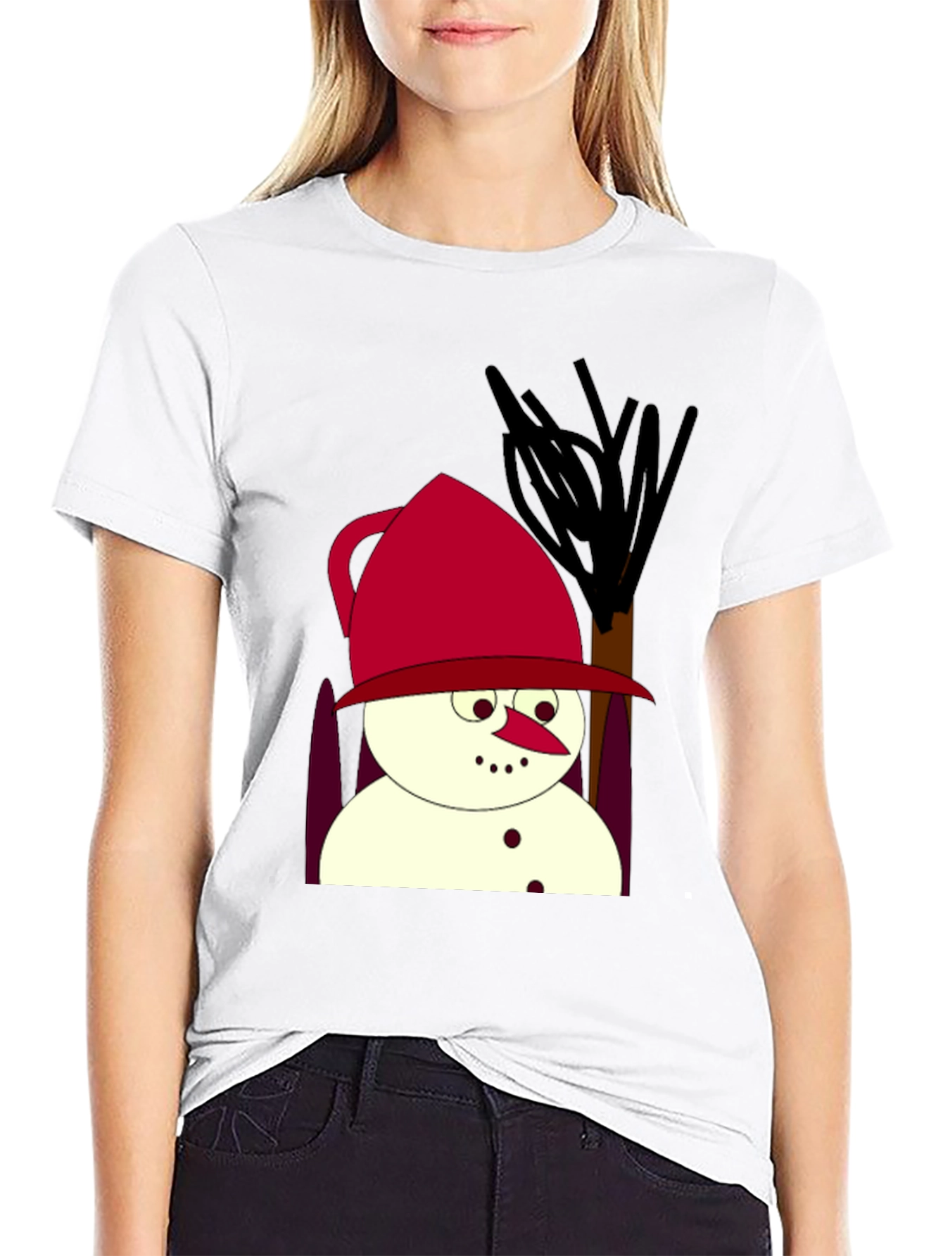 Cartoon Snowman Black T-Shirt