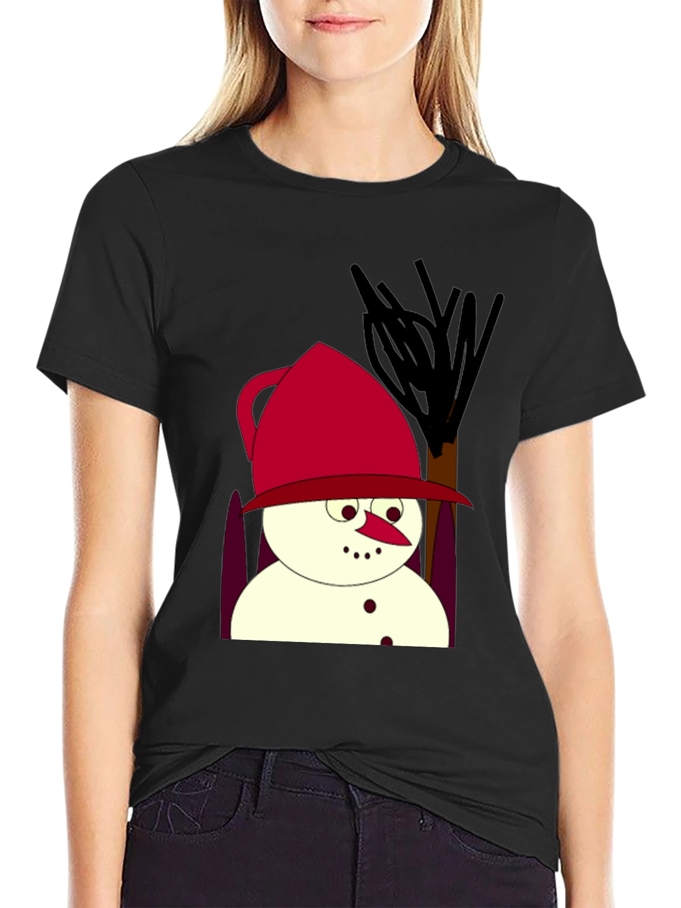 Cartoon Snowman Black T-Shirt
