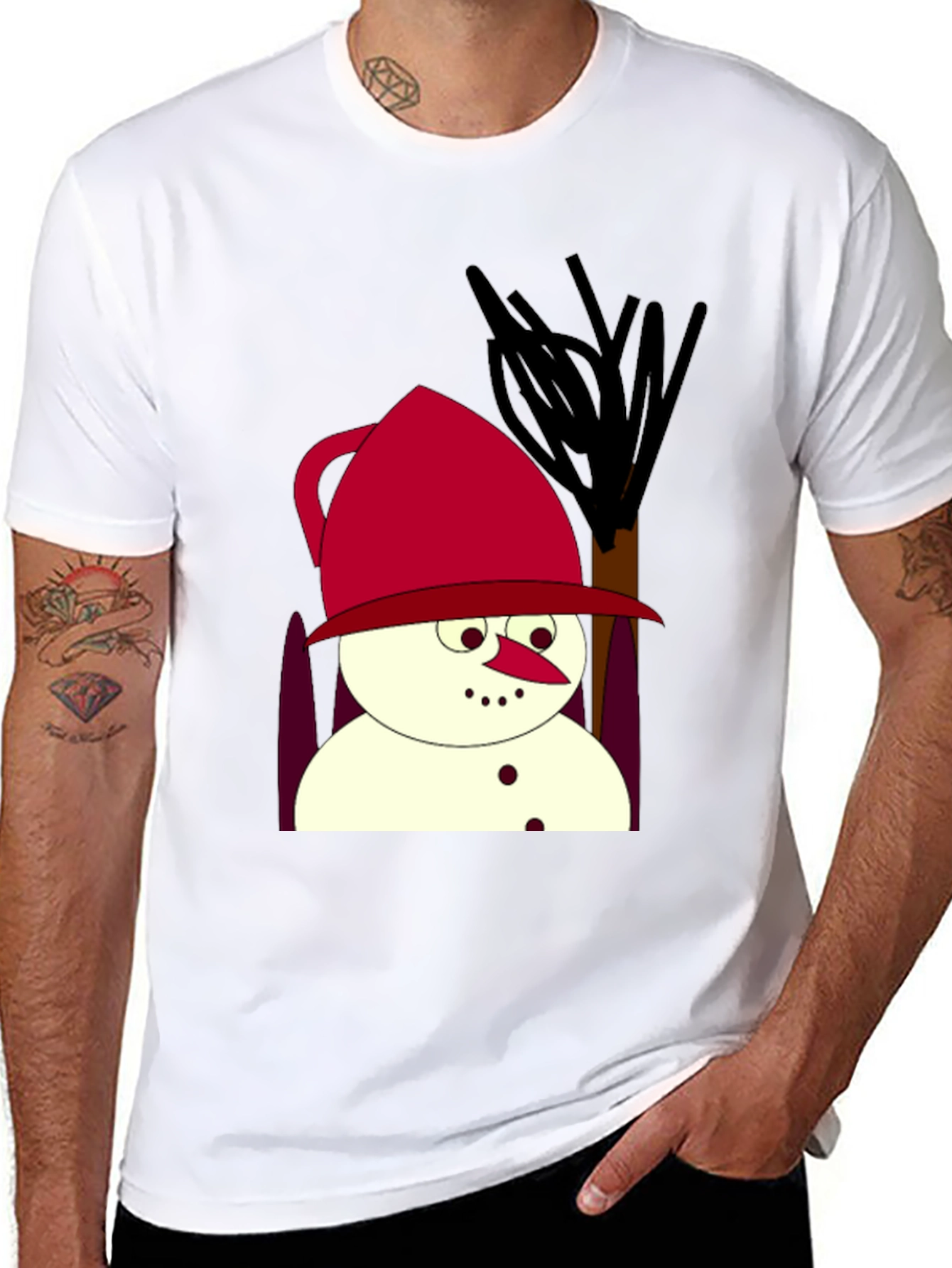 Cartoon Snowman Black T-Shirt