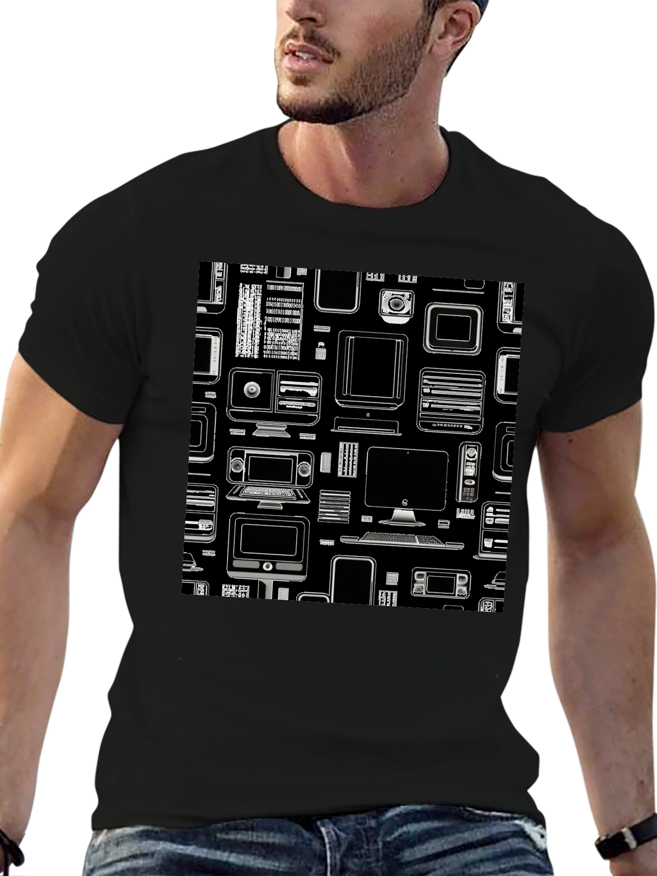 Tech Gadgets Graphic Print Black T-Shirt