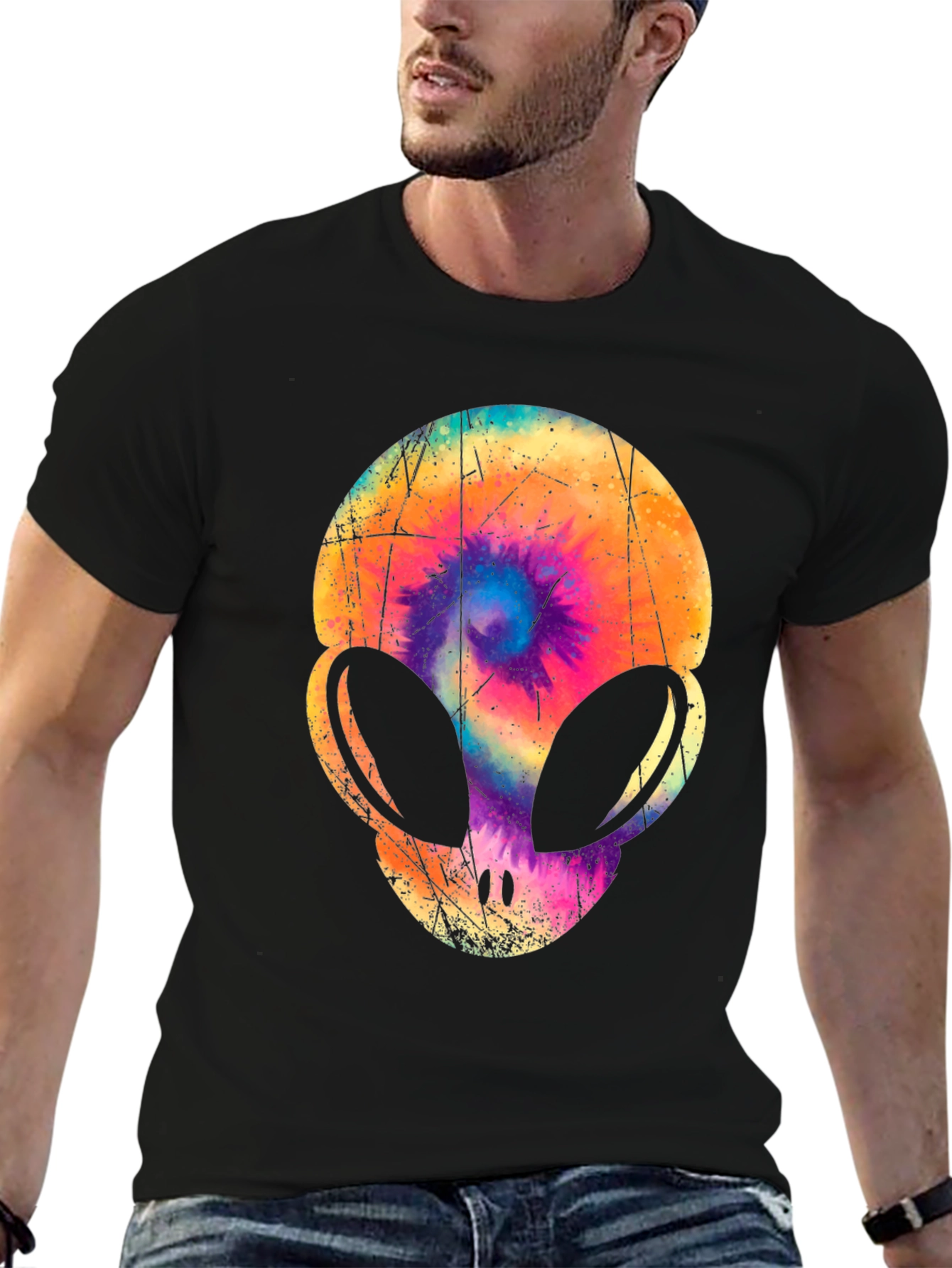 Tie-Dye Alien Head Graphic T-Shirt