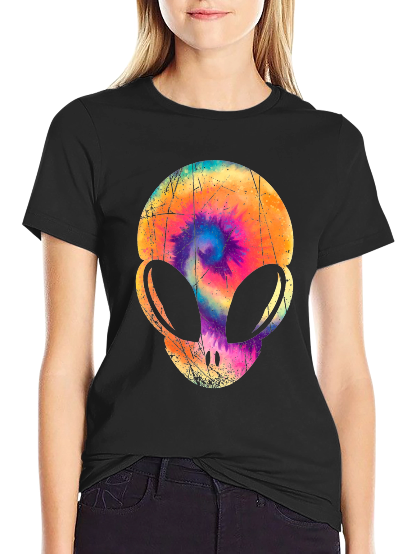 Tie-Dye Alien Head Graphic T-Shirt