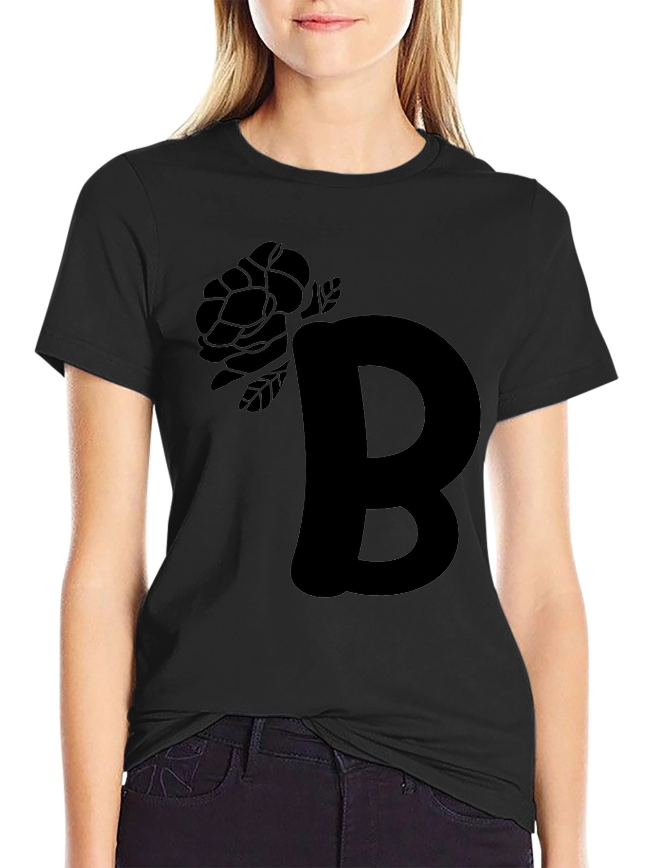 Monochrome B Rose Graphic Tee - Modern Casual Style