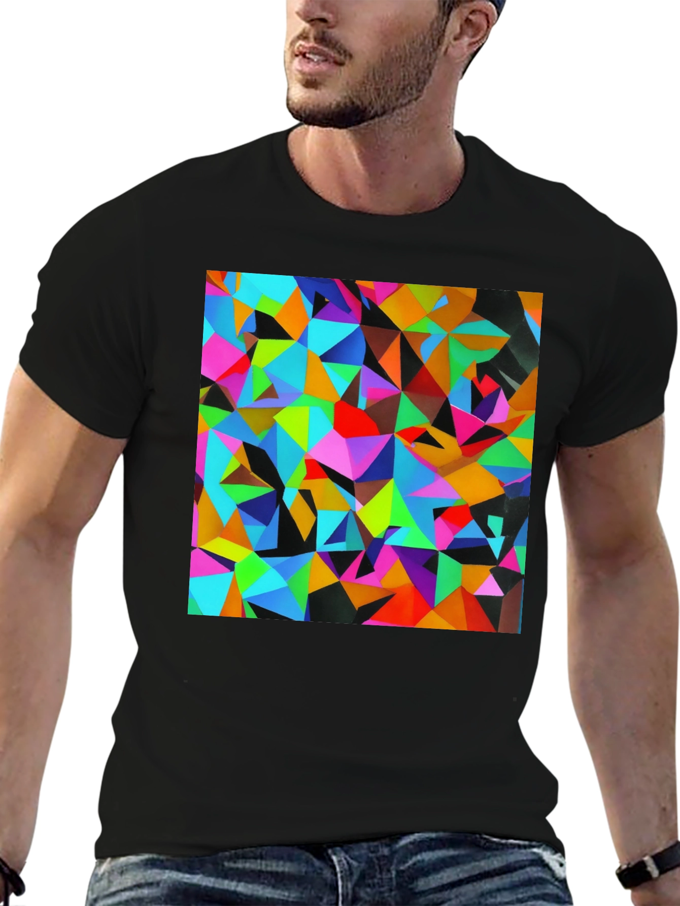 Geometric Triangle Print Black T-Shirt