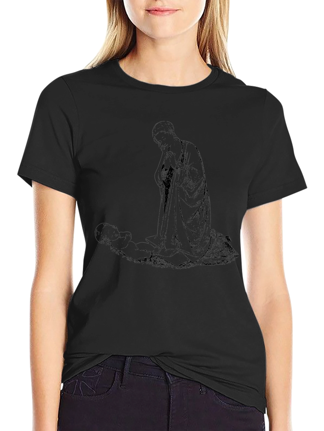 Monk and Child Black T-Shirt - Unique Graphic Tee
