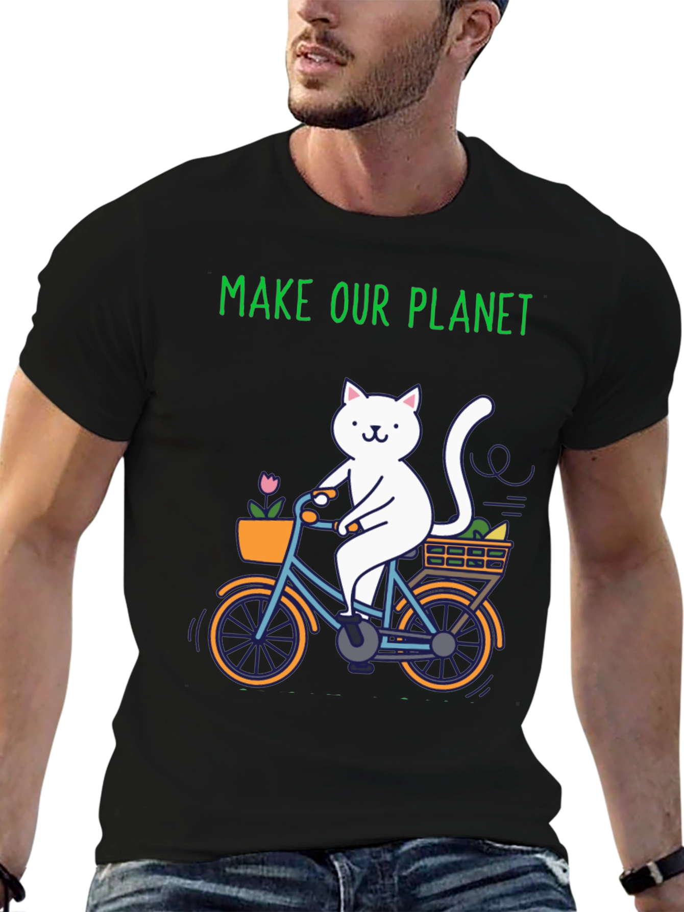 Eco-Friendly Cat on Bike Graphic Tee