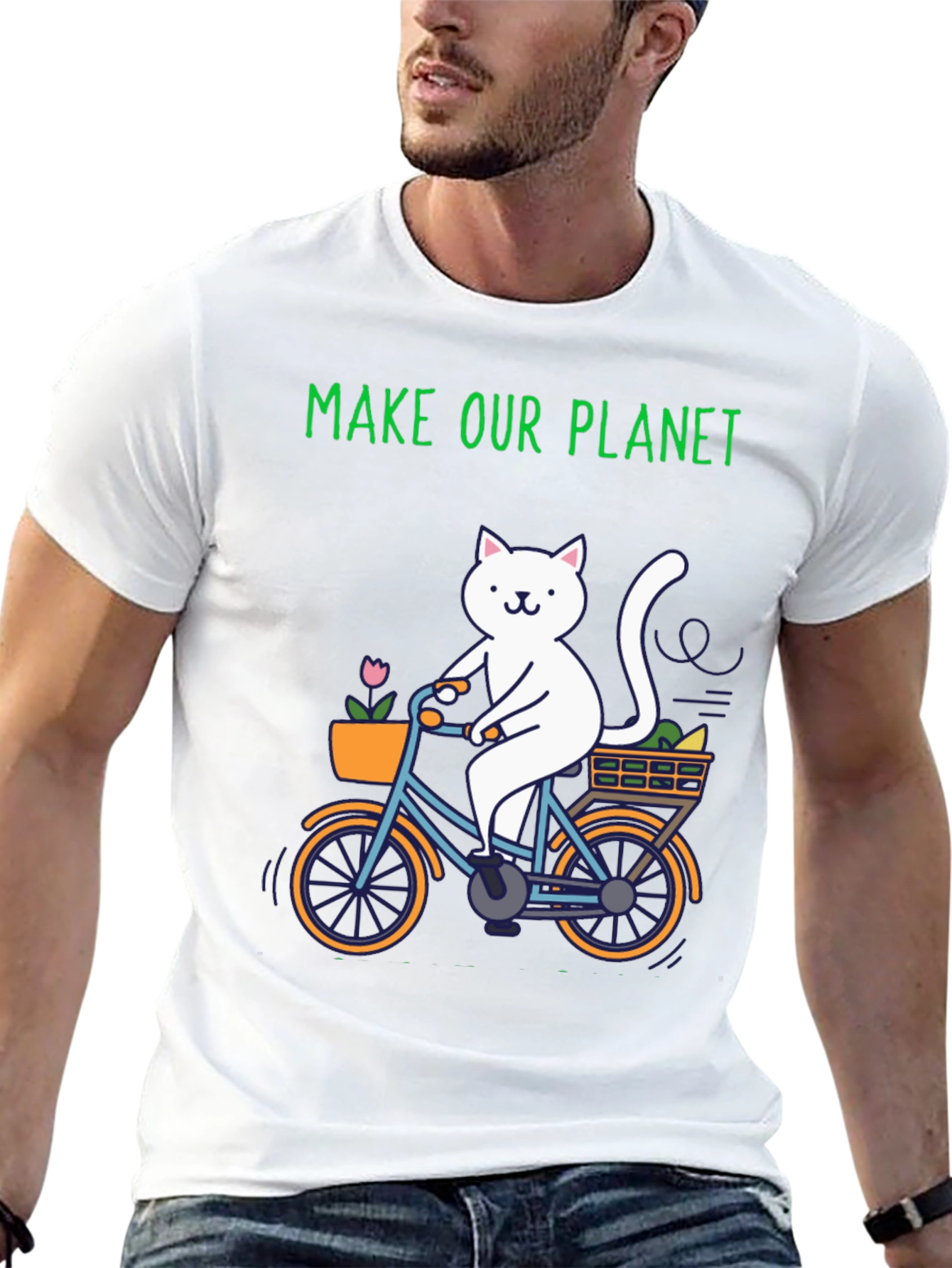 Eco-Friendly Cat on Bike Graphic Tee