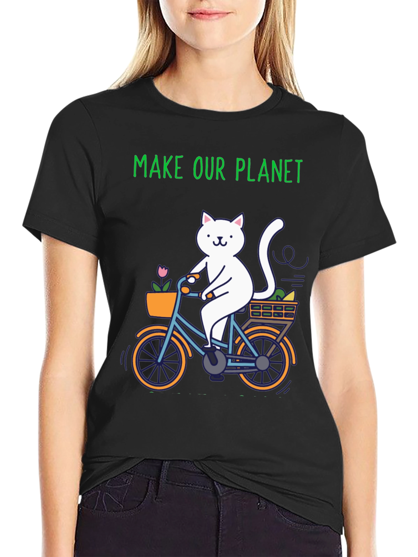Eco-Friendly Cat on Bike Graphic Tee