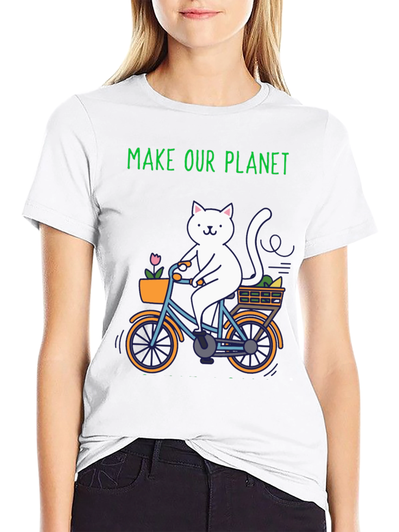 Eco-Friendly Cat on Bike Graphic Tee