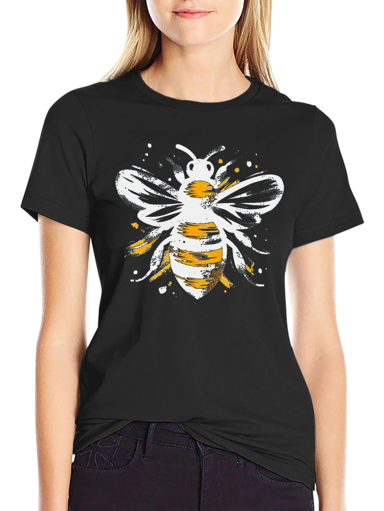 Stylish Bee Graphic Tee - Black Cotton Blend