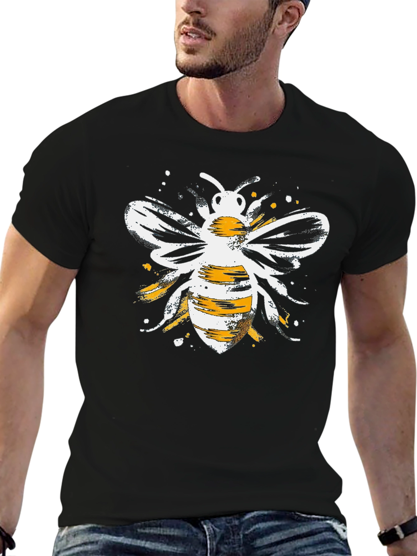Stylish Bee Graphic Tee - Black Cotton Blend
