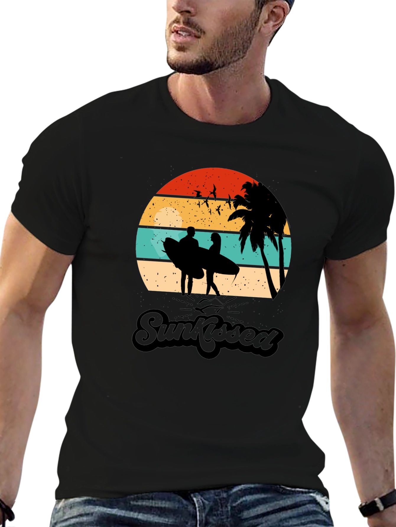 Sunkissed Graphic Tee: Beach Sunset Surfer Design