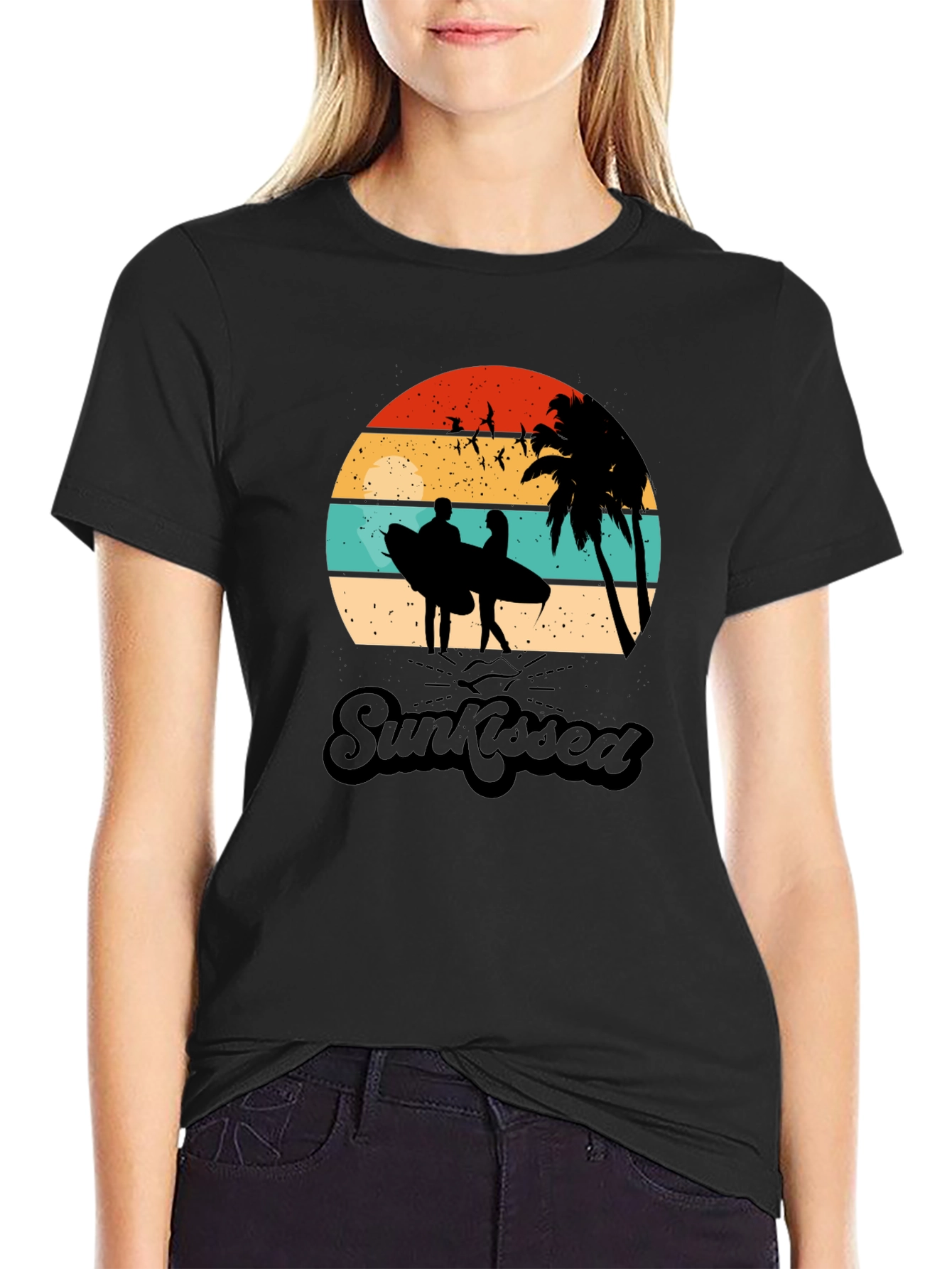 Sunkissed Graphic Tee: Beach Sunset Surfer Design