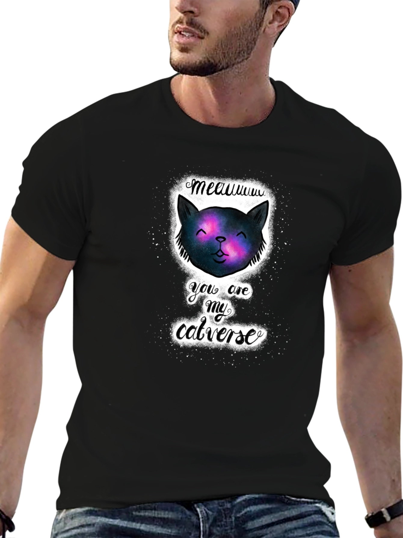 Cosmic Cat Universe Black T-Shirt