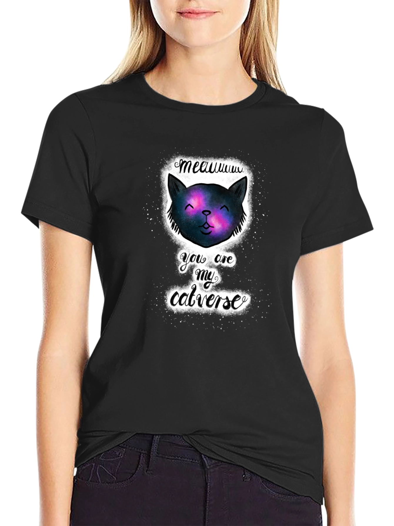 Cosmic Cat Universe Black T-Shirt