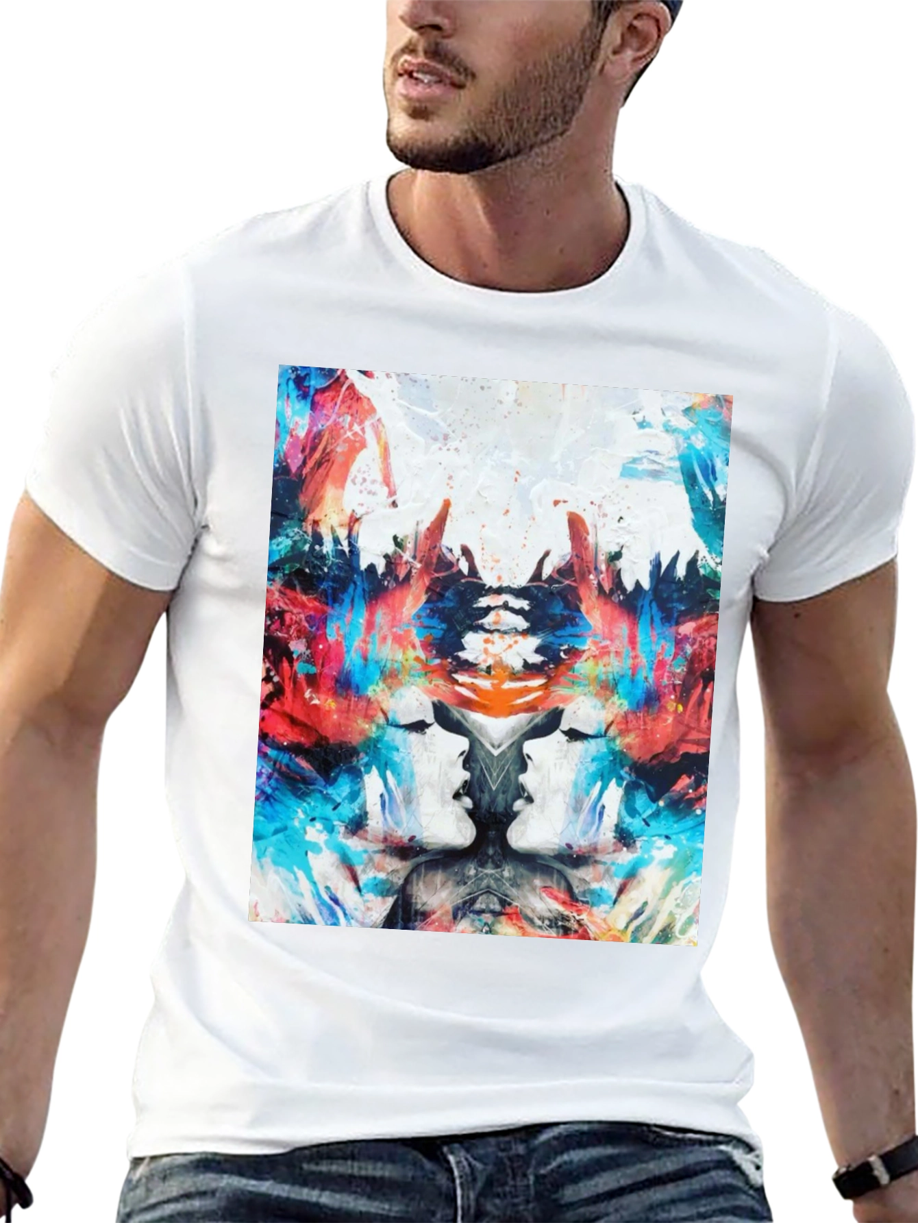 Abstract Face Print Black T-Shirt