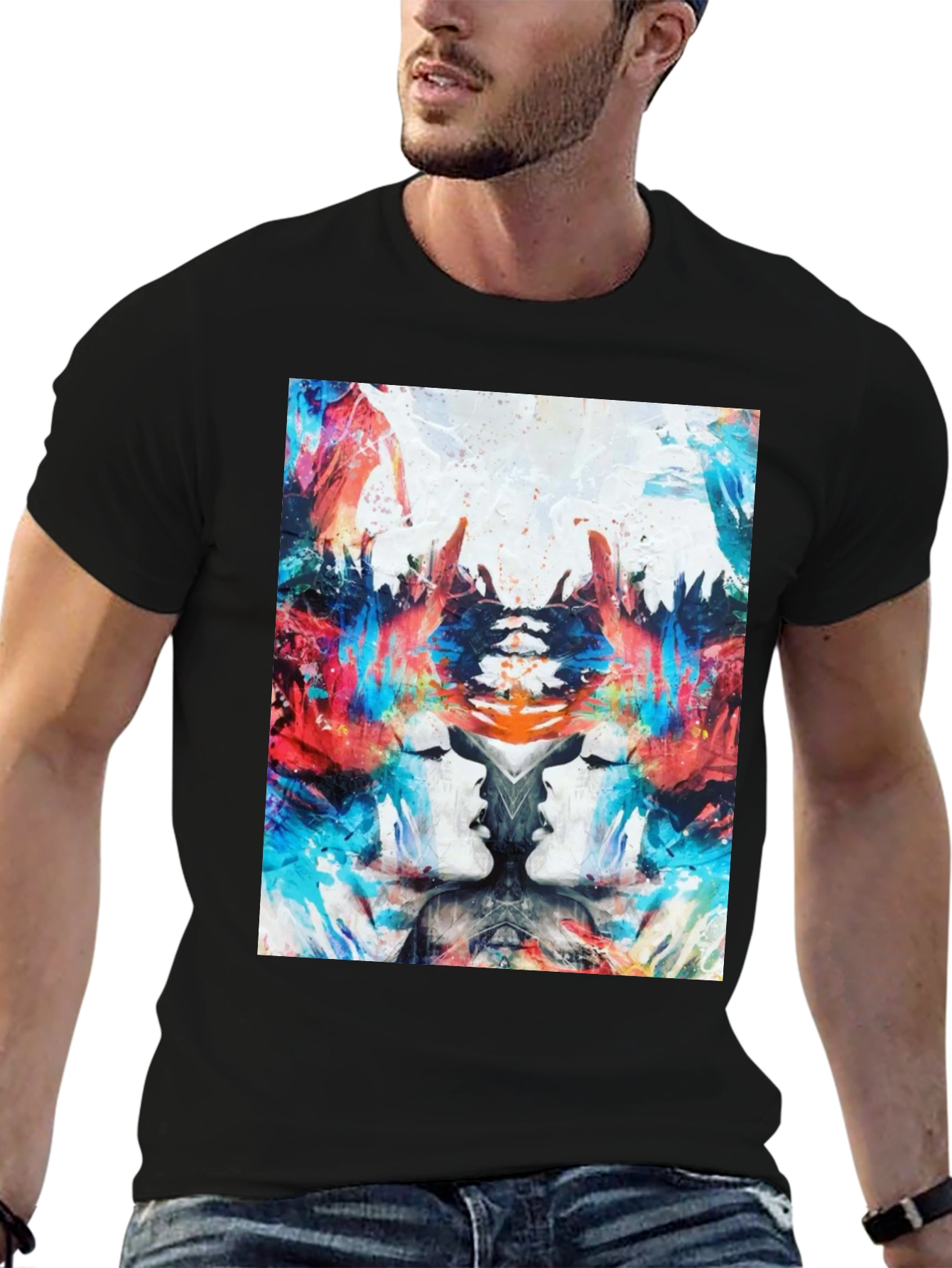 Abstract Face Print Black T-Shirt