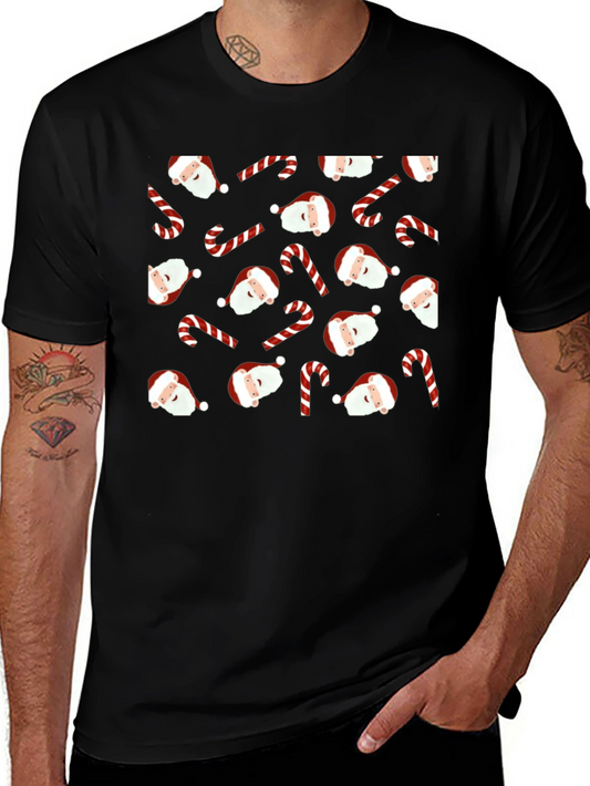 Festive Santa & Candy Cane Patterned Black T-Shirt