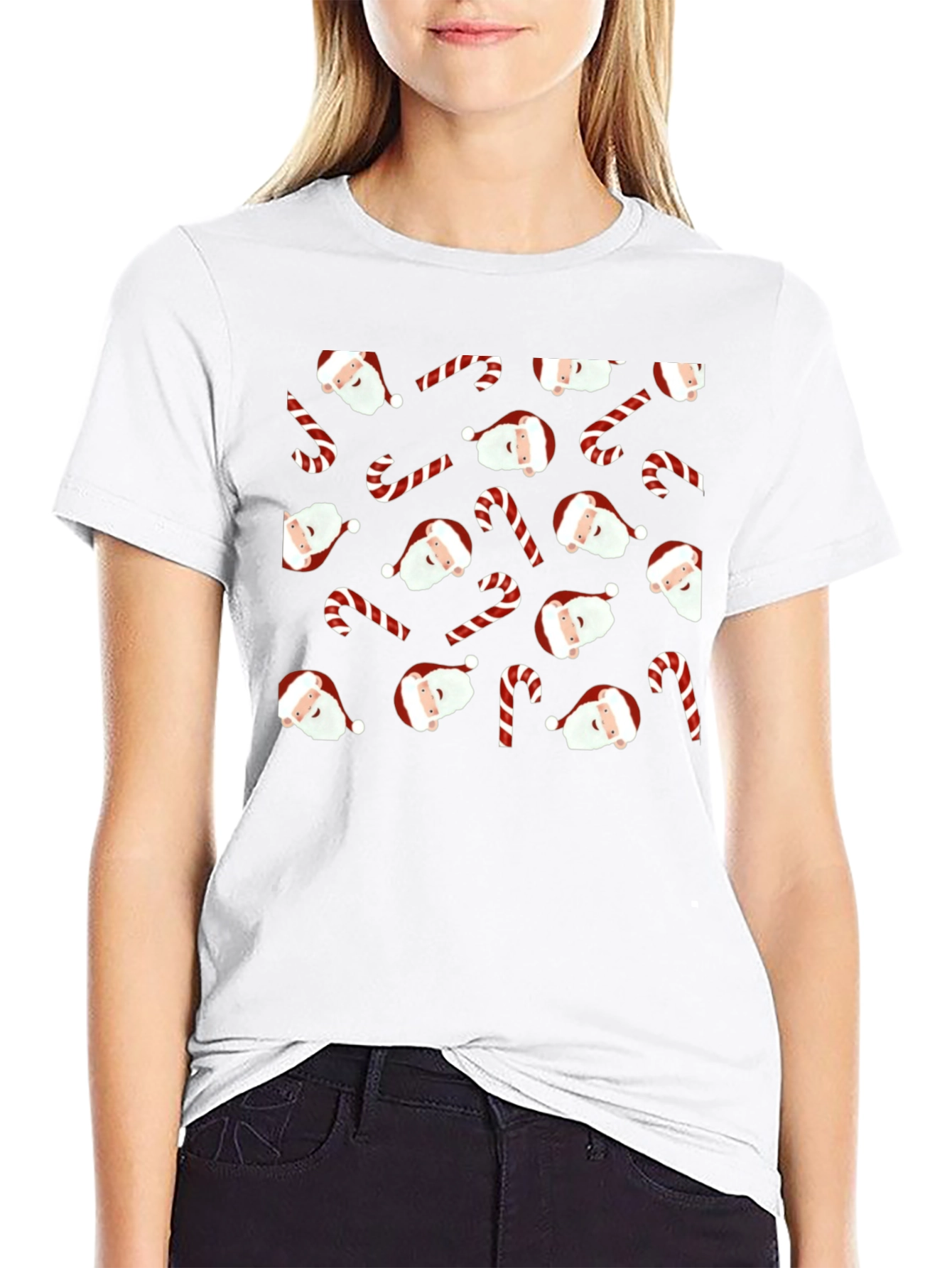 Festive Santa & Candy Cane Patterned Black T-Shirt