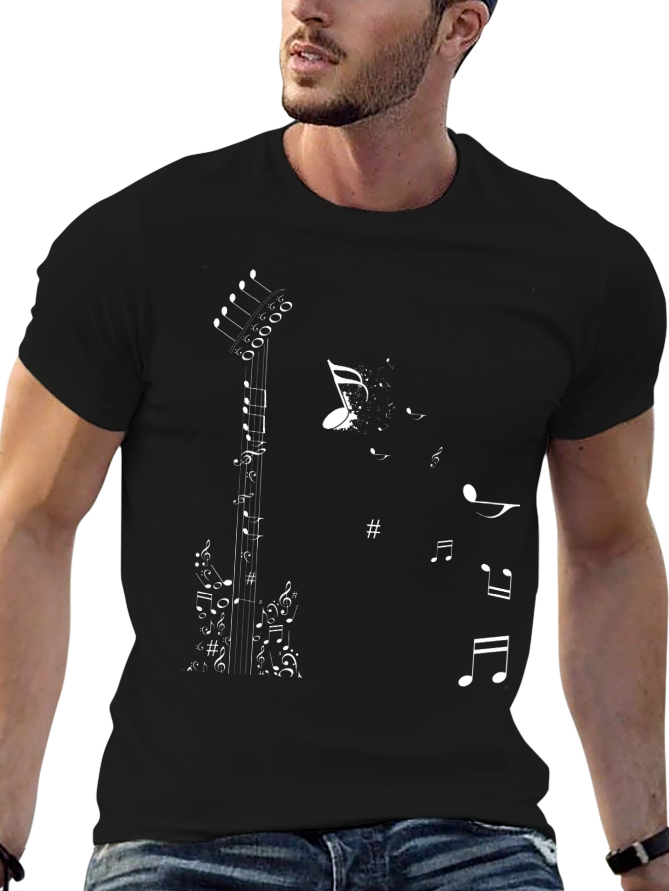 Music Note Guitar Graphic Tee - Stylish Black T-Shirt