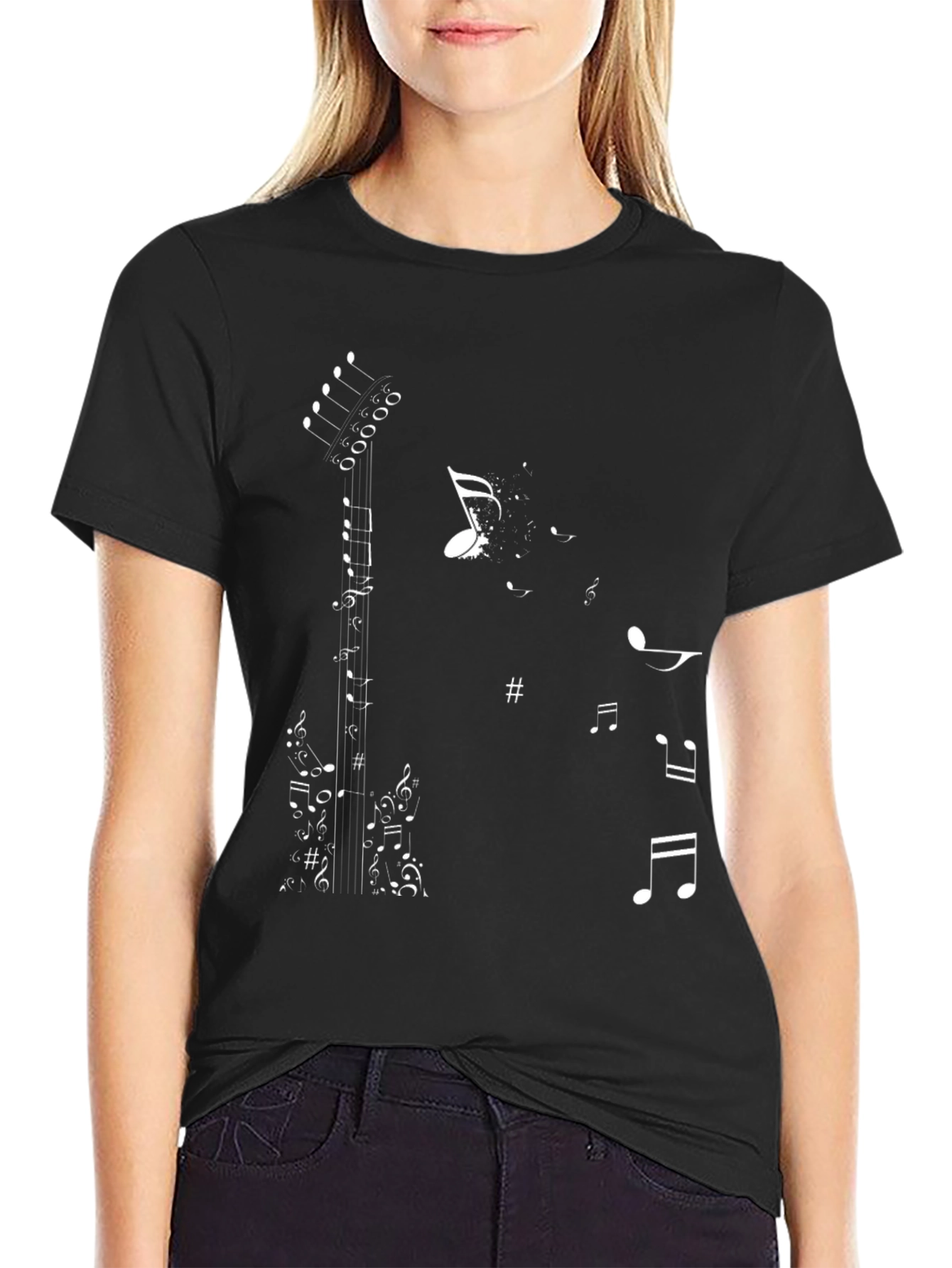 Music Note Guitar Graphic Tee - Stylish Black T-Shirt
