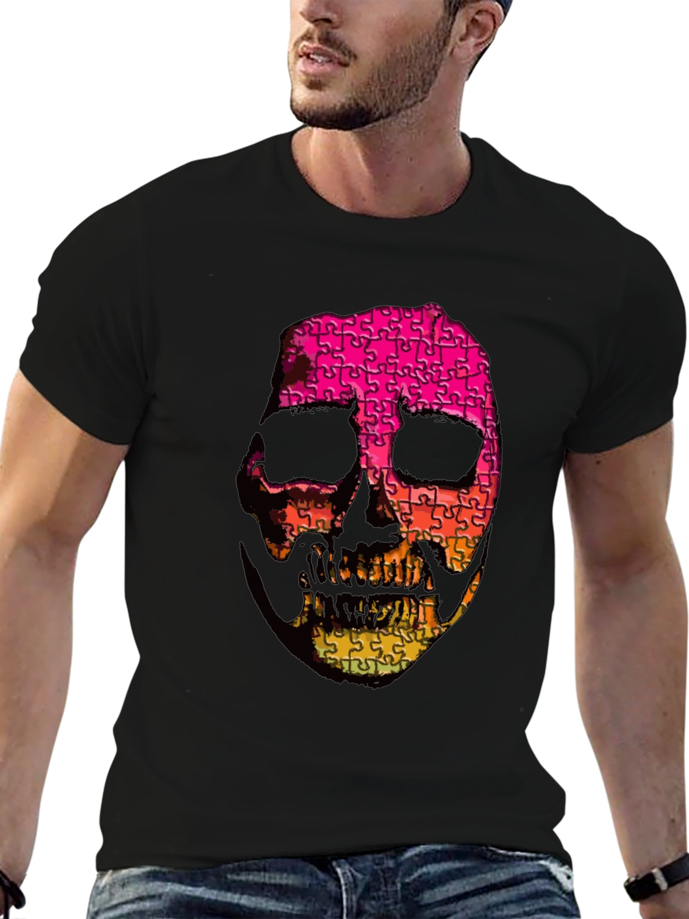 Puzzle Skull Graphic Tee - Mens Black T-Shirt
