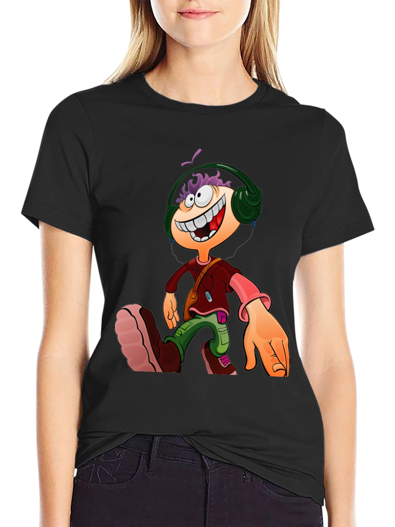 Cartoon Character Graphic Tee - Black Casual T-Shirt