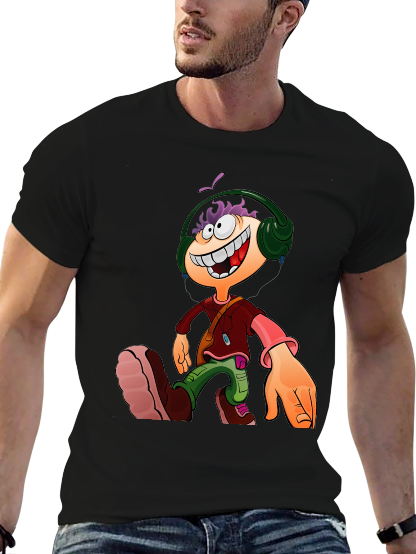 Cartoon Character Graphic Tee - Black Casual T-Shirt