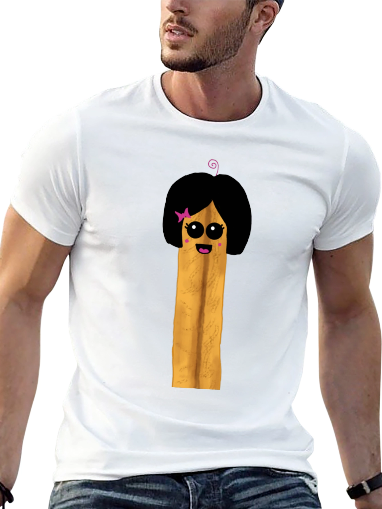 Fun Cartoon French Fry Girl Black T-Shirt