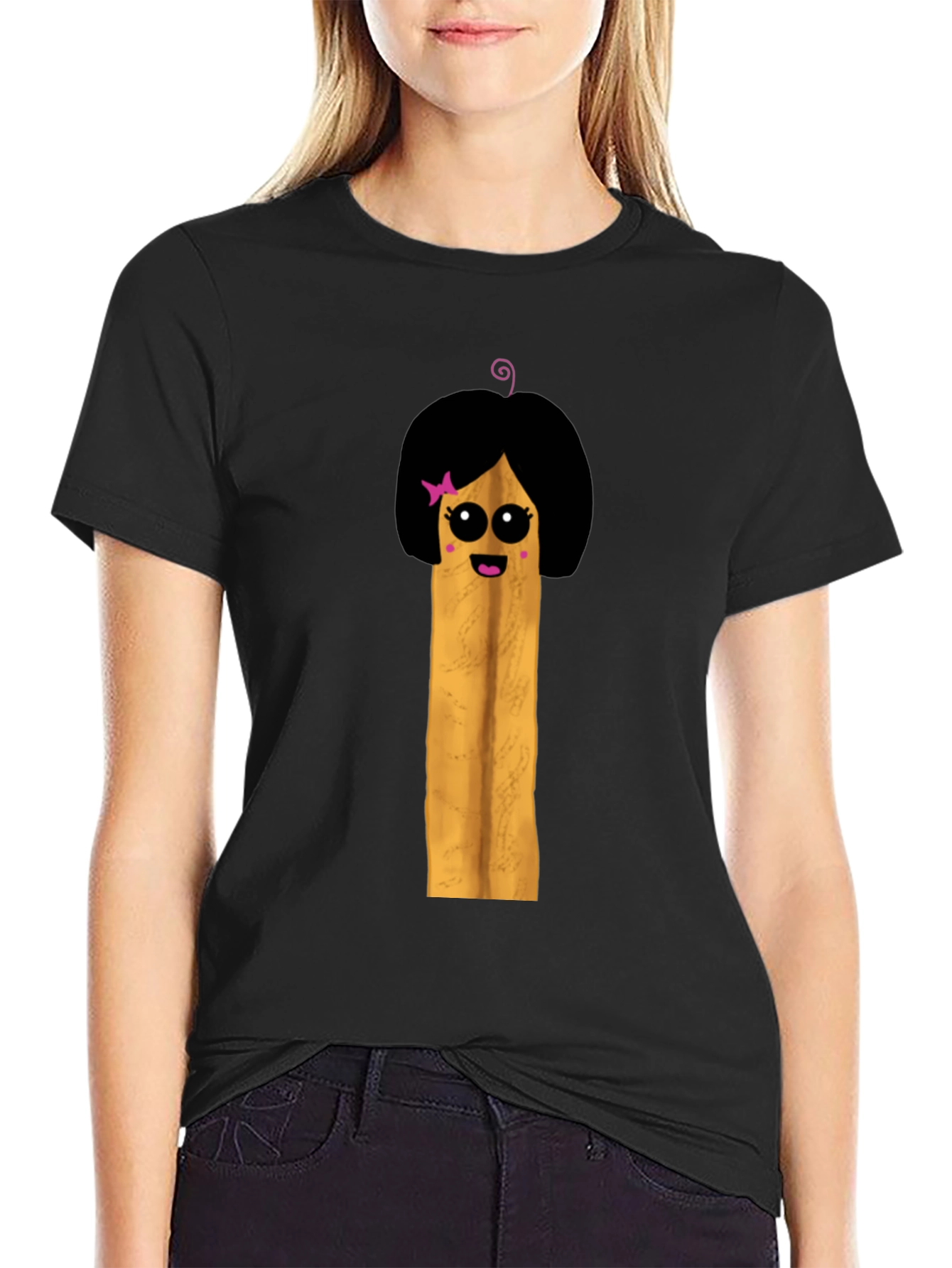 Fun Cartoon French Fry Girl Black T-Shirt