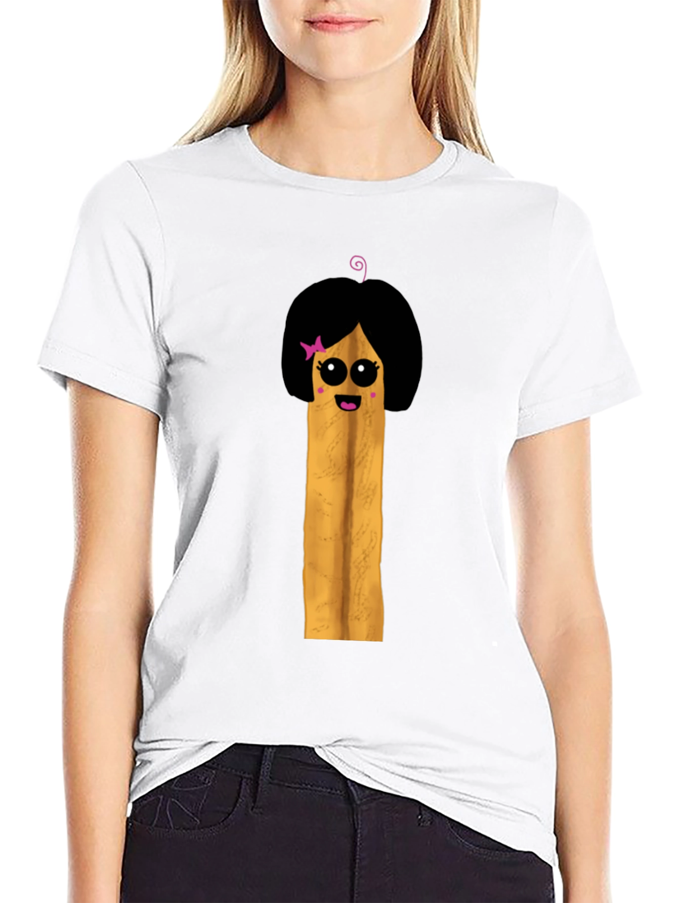 Fun Cartoon French Fry Girl Black T-Shirt