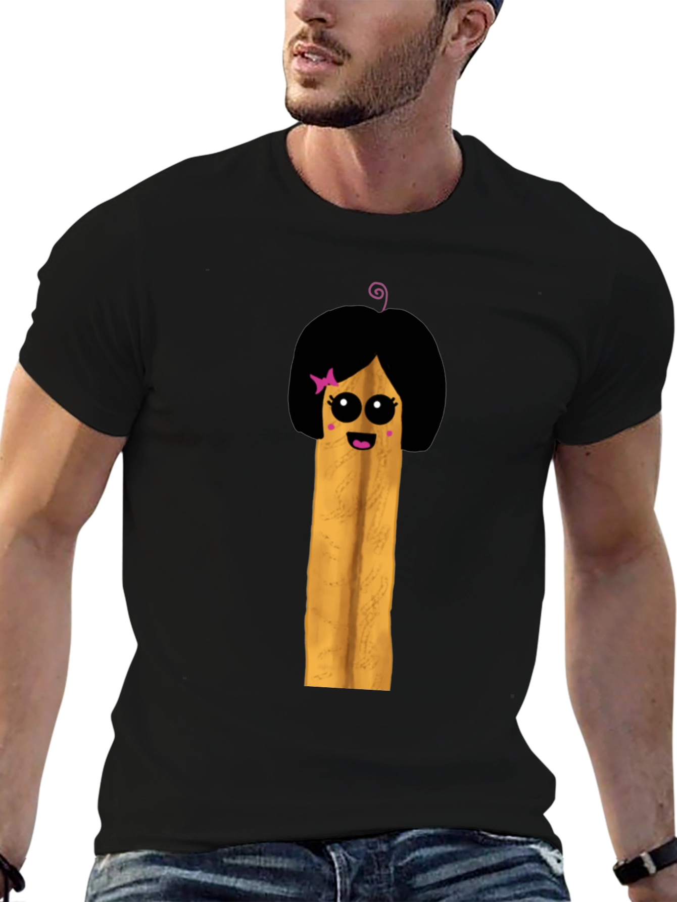 Fun Cartoon French Fry Girl Black T-Shirt